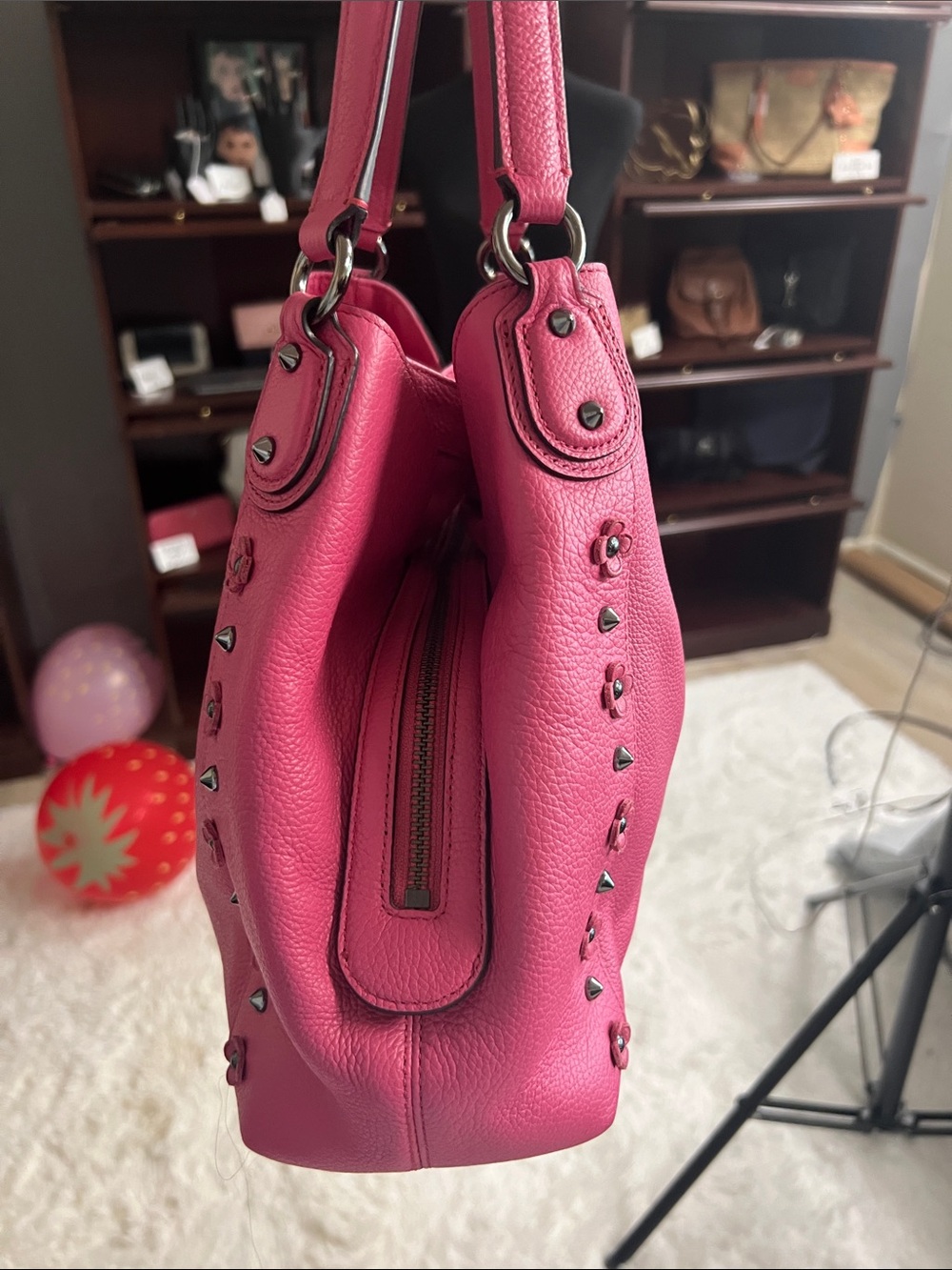 Coach Edie Dahlia Rivet Gunmetal Pink Pebbled Leather Shoulder Bag - Picture 3 of 11